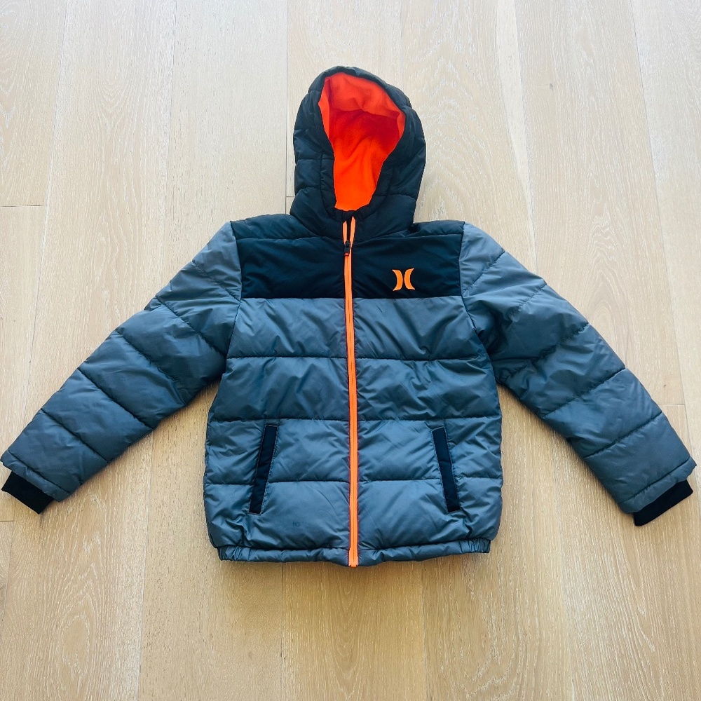 Hurley Boys Puffer Jacket Grey and Orange Youth X-Large